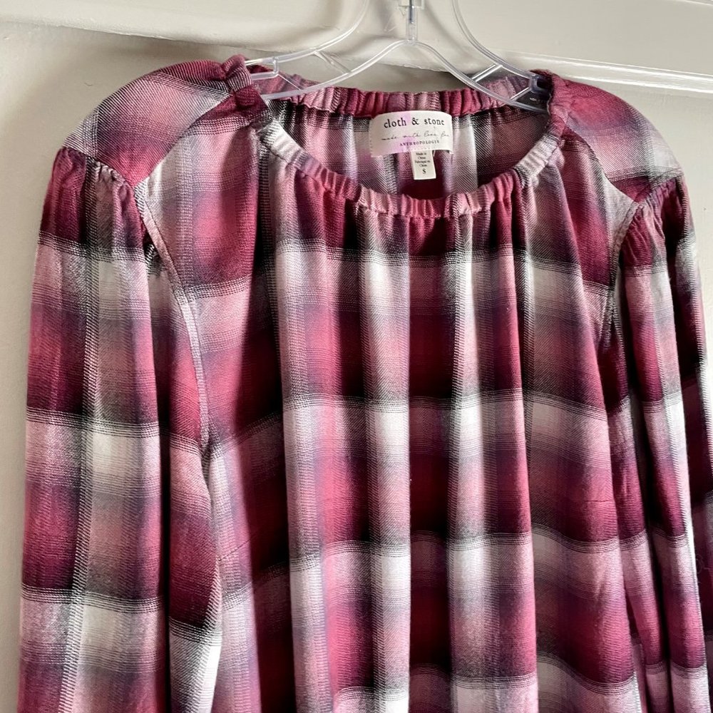 Anthropologie Cloth & Stone Glacier Pink Plaid Long Balloon Sleeve Top S - Picture 6 of 9